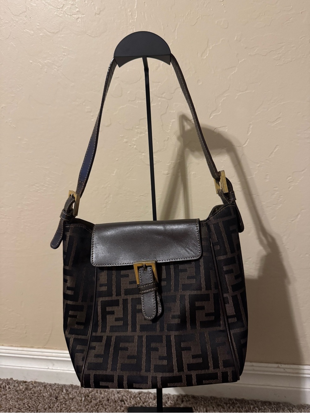 Fendi Vintage Brown Monogram Shoulder Bag with Gold-Tone Buckle